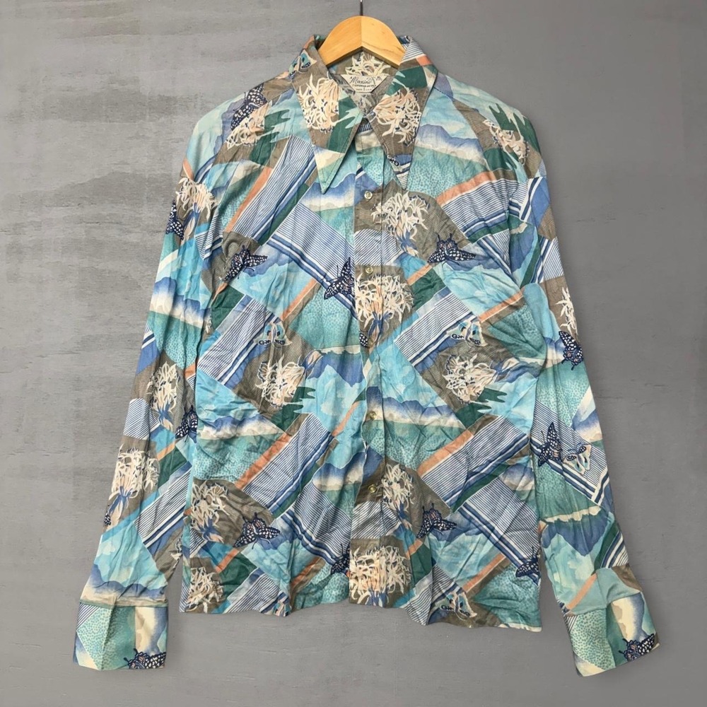 True‎ Vintage Maximo California 60s Button Up Shirt Blue Butterfly Print XL